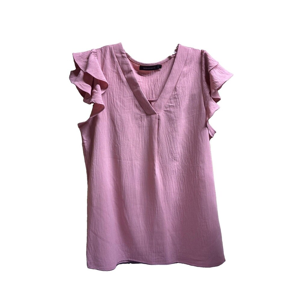 Merokeety Women's V-Neck Blouse with Short Flutter Sleeves Pink Size Large